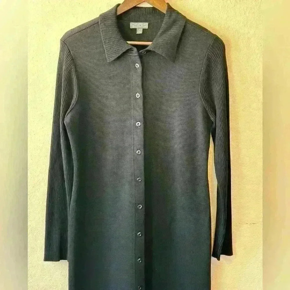 Classics Entier Women's Sz M Black Button-Front Midi Shirtdress Merino Wool Goth - Picture 3 of 12